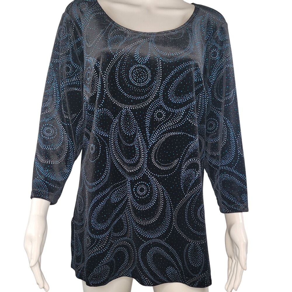 Notations Black Velour With‎ Blue Sparkly Swirl Pattern Top